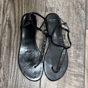 Cole Haan black leather decorative T-Strap thong sandals